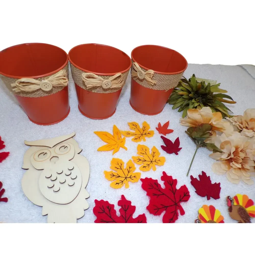 Fall Autumn Decor Craft Lot Silk Flowers Felt Leaves Metal Flower Pots Owl